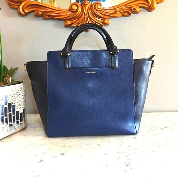 🩷SOLD💚 Vera Bradley Leather "Morgan" Black & Blue Trapeze 2-Way Bag | Rare - Picture 10 of 12